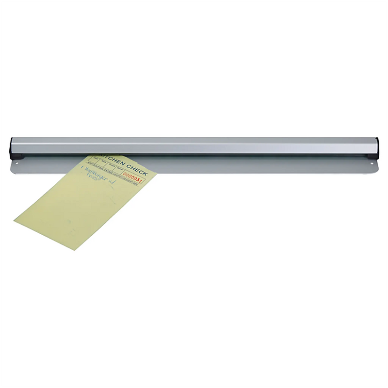 Winco aluminum order rack, shortest size shown holding a paper order ticket on the slide bar