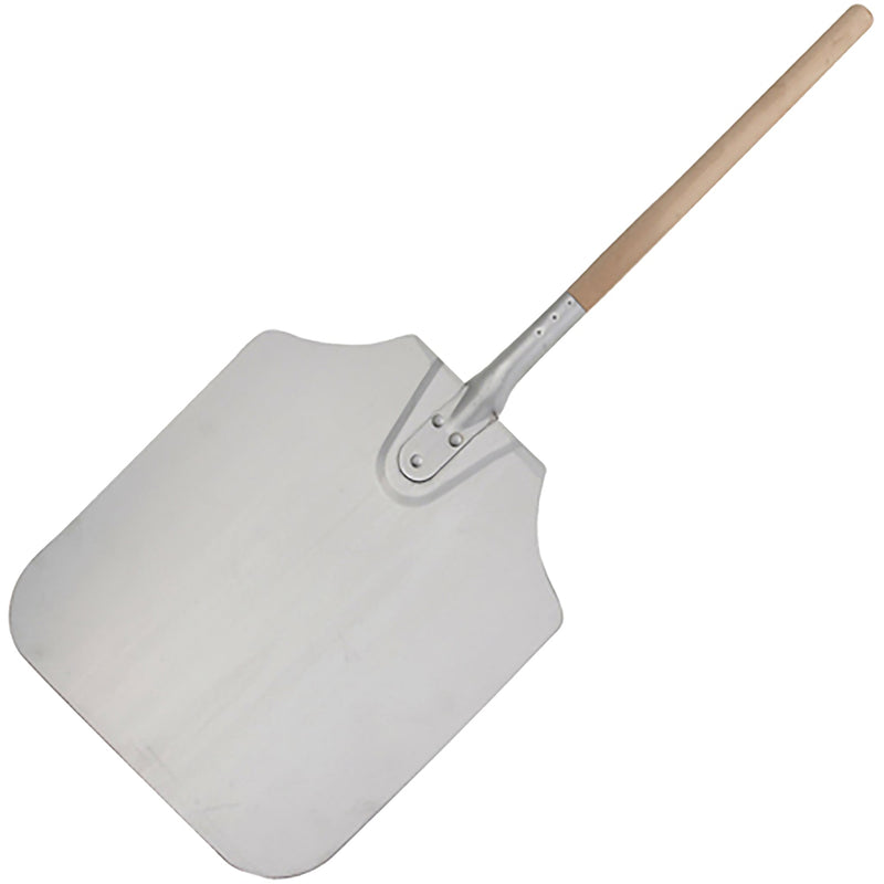 Winco aluminum pizza peel with wooden handle, square aluminum blade riveted to a long natural wood handle