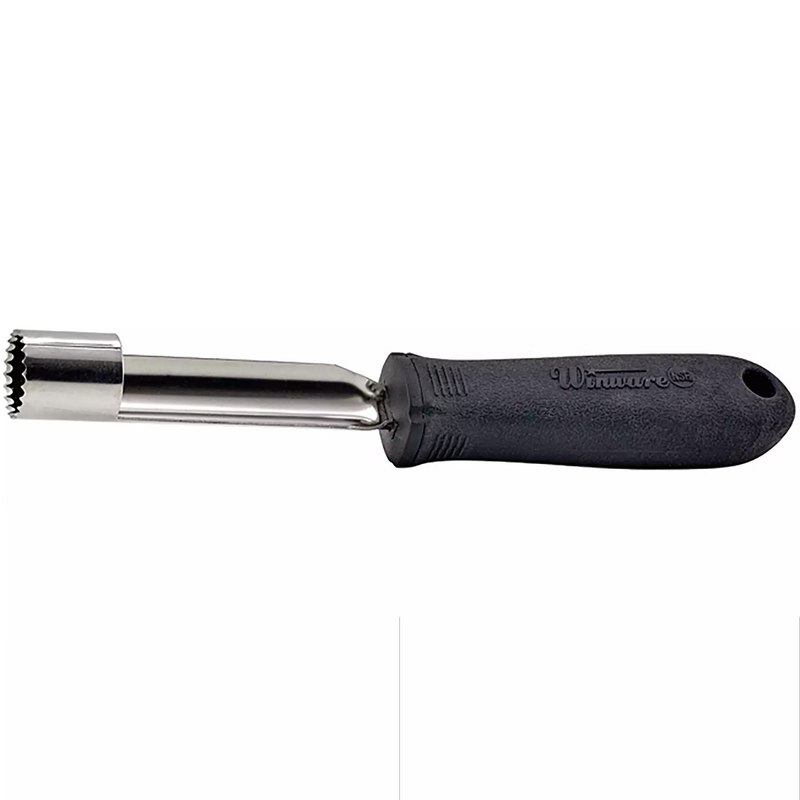 Winco apple corer with soft grip handle, round serrated stainless steel coring tube and black handle