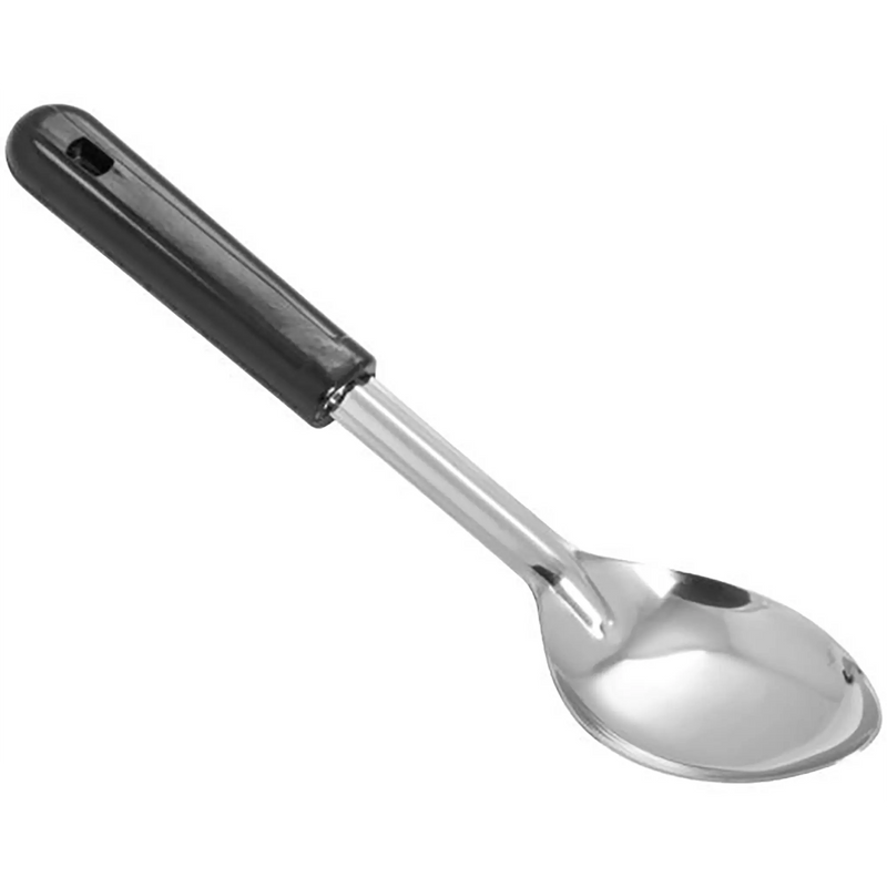 Winco solid stainless steel basting spoon with black polypropylene handle, shortest size option, close view