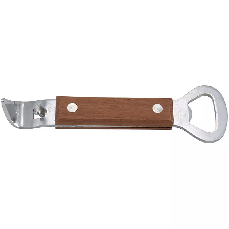 Winco can tapper and bottle opener with wooden handle, pointed can punch on one end and cap lifter on the other