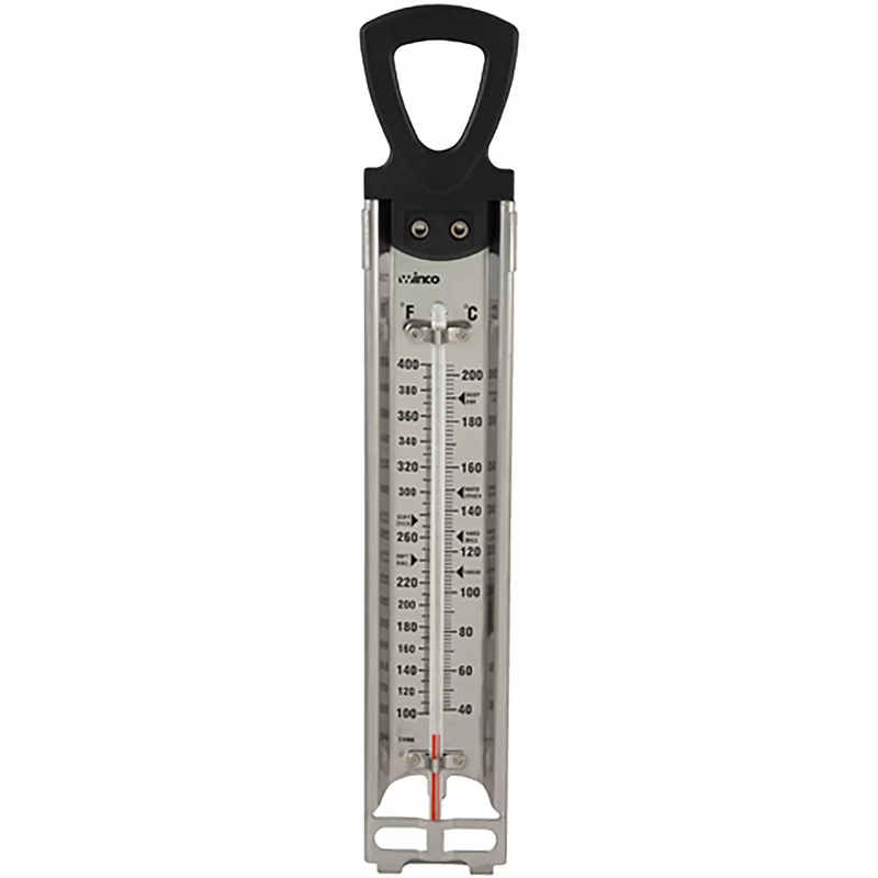 Winco top hanging candy/deep fryer thermometer with stainless steel frame, glass tube and black hanging handle