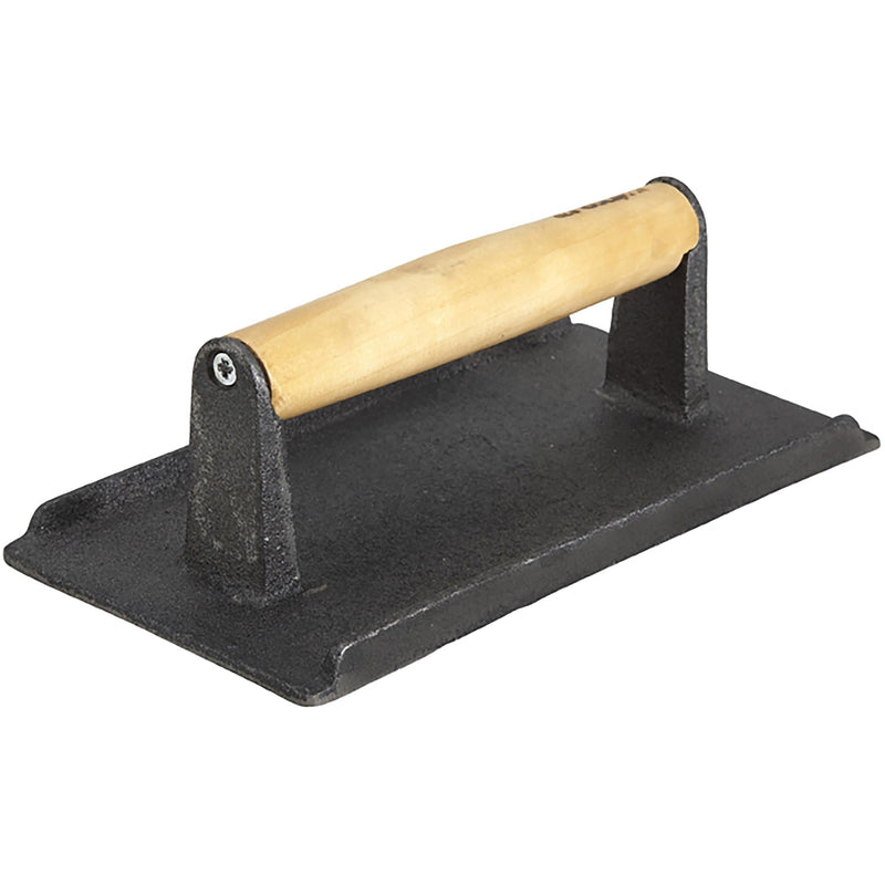 Winco cast iron steak weight, black rectangular cast iron press with natural wood handle, angled side view