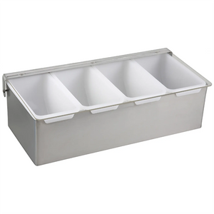Winco condiment holder with stainless steel base and four white plastic insert compartments, smallest size