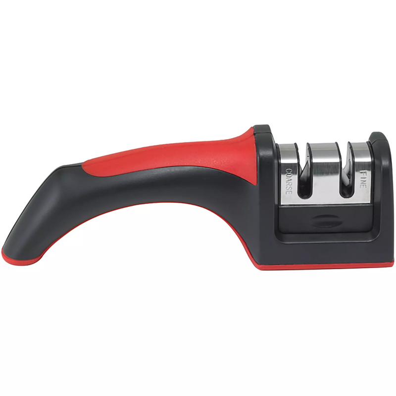 Winco dual stage knife sharpener with black and red non-slip handle and two sharpening slots