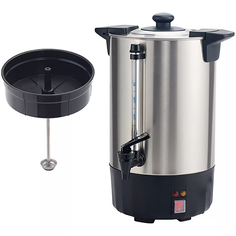 Winco ECU-50A 8L electric percolator and hot water dispenser, stainless steel urn shown with filter basket and stem