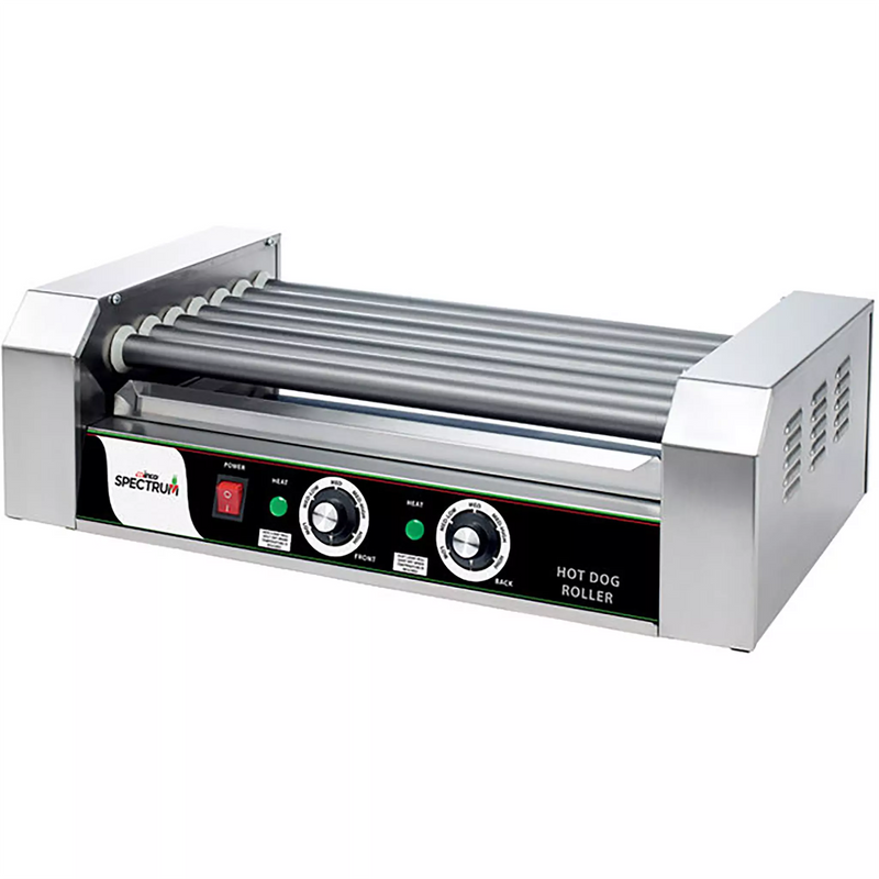 Winco EHDG-7R Spectrum RollRight hot dog roller, empty 7-roller stainless steel grill with front controls, angled
