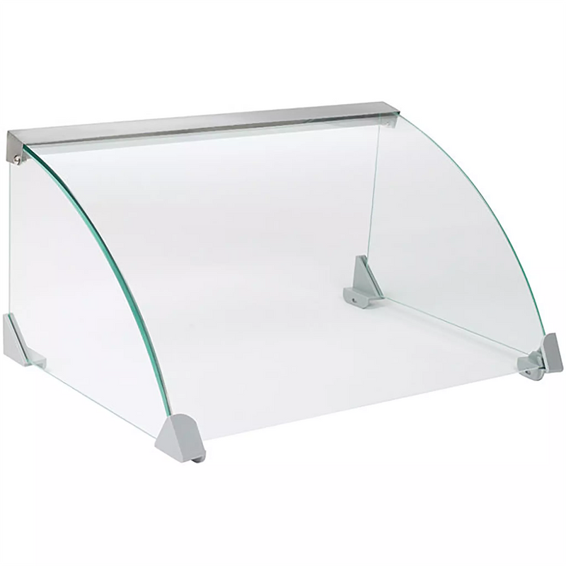 Winco EHDG-7SG Spectrum sneeze guard for the EHDG-7R hot dog roller, wide curved clear glass shield, angled view