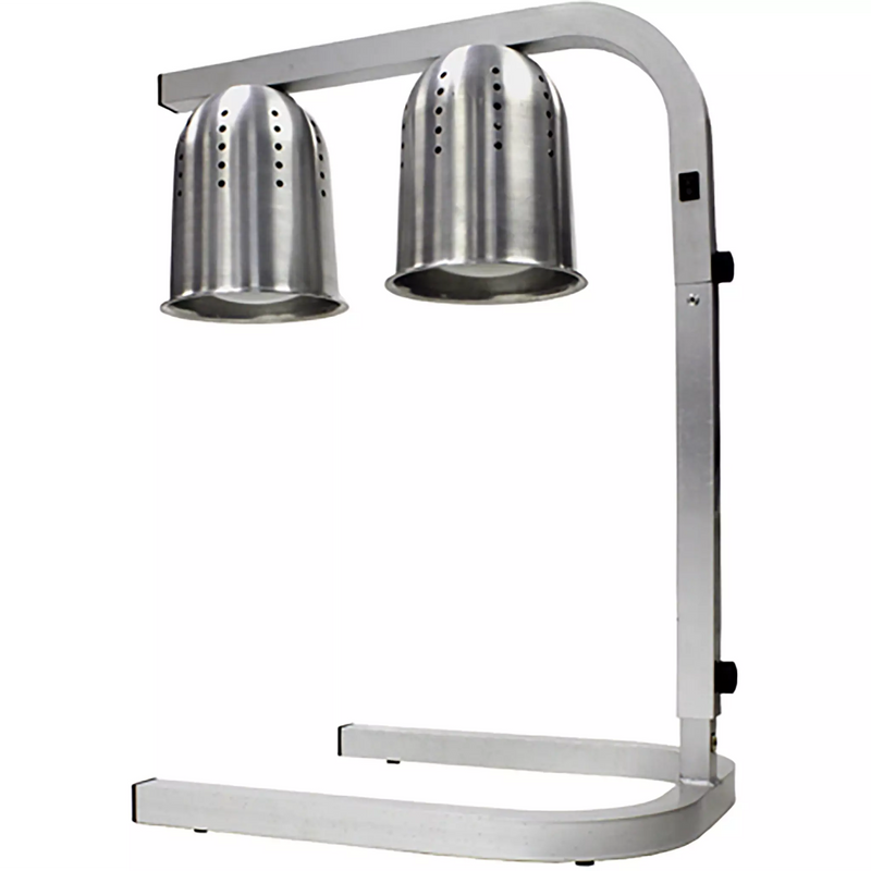 Winco EHL-2 professional electric freestanding heat lamp, two stainless steel shades on an adjustable U-base stand