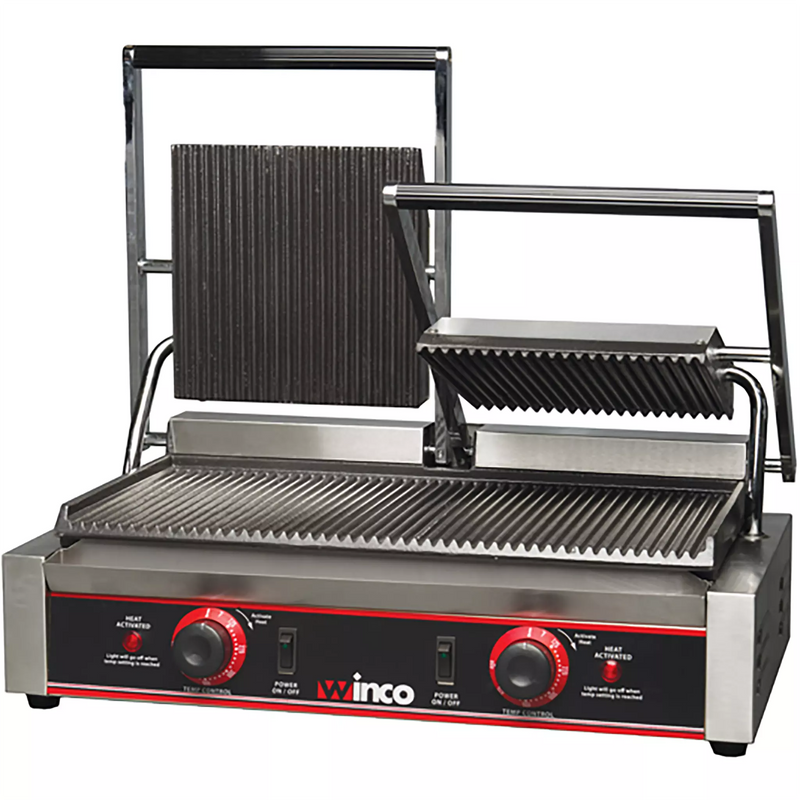 Winco EPG-2 double 19 x 9 inch press panini grill with ribbed surfaces, both lids open and red front control knobs