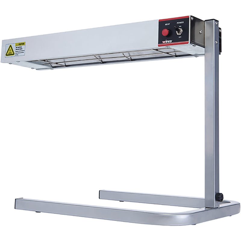 Winco ESH-1 electric strip heater with stand, stainless steel heat lamp on a free-standing U-base, angled left