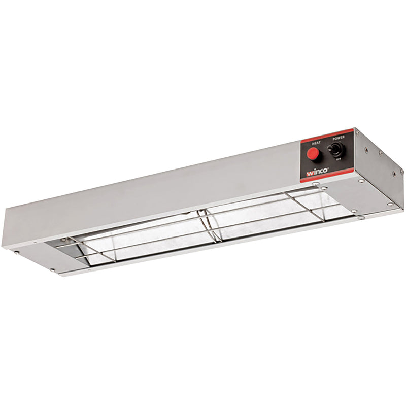 Winco ESH-24 electric 24-inch strip heater, compact stainless steel overhead food warmer with end controls, angled