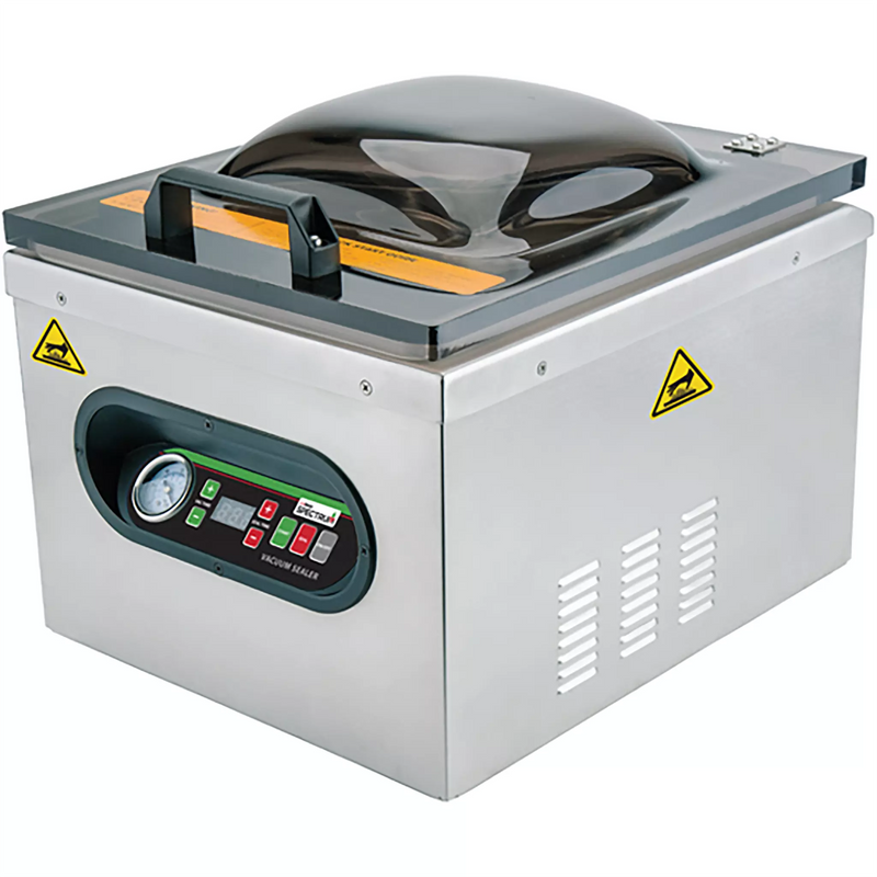 Winco EVPM-12 Spectrum chamber vacuum sealing packaging machine, stainless steel with clear domed lid, lid closed