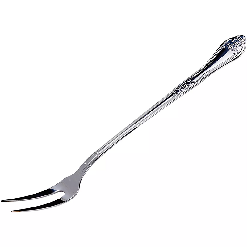 Winco Elegant 13 inch stainless steel serving fork with two tines and ornate embossed handle