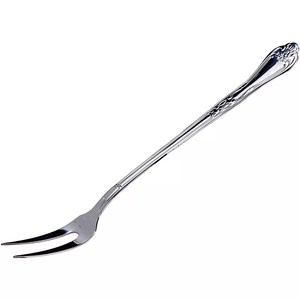 Winco Elegant 13 inch stainless steel serving fork with two tines and ornate embossed handle