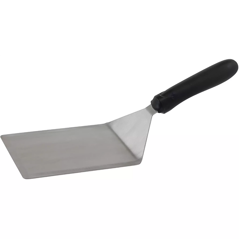 Winco extra heavy stainless steel turner with cutting edge, wide square blade and black handle, angled view