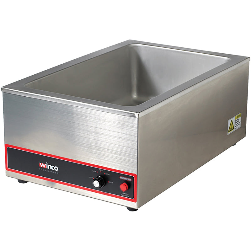 Winco FW-S500 electric food warmer, 1200W stainless steel countertop well with front dial control, angled view
