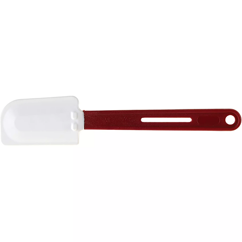 Winco flat blade heat resistant silicone spatula scraper with white blade and slotted red handle, smallest size