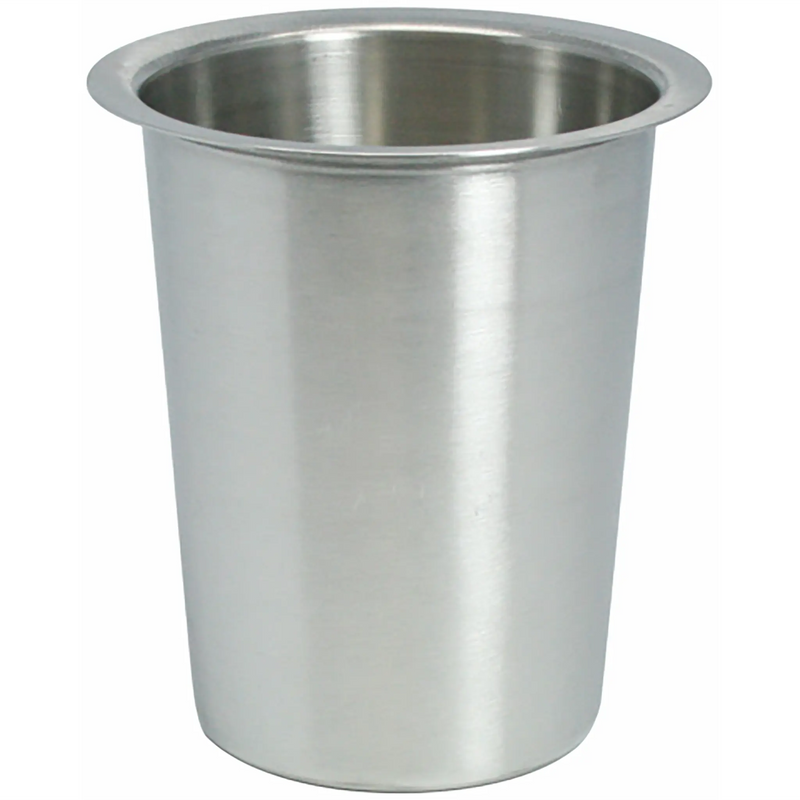 Winco flatware cylinder in solid stainless steel style with brushed finish and a rolled rim, front view