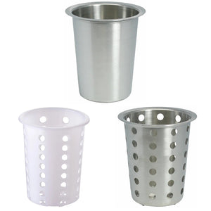 Winco flatware cylinders in three styles: solid stainless steel, white perforated plastic and perforated steel