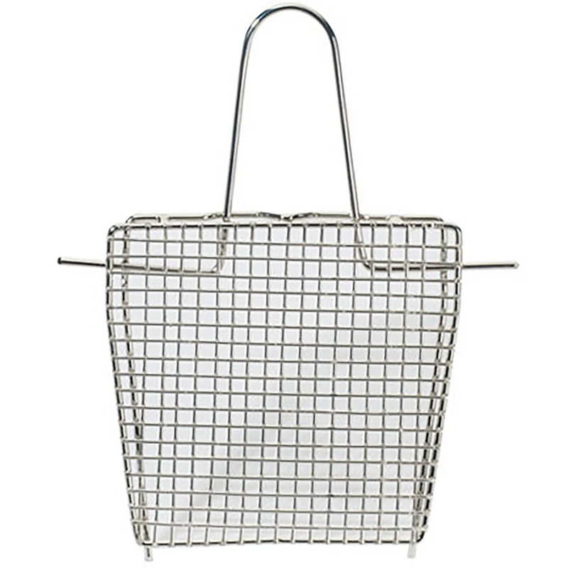 Winco french fry basket divider, stainless steel wire mesh insert with tall loop handle, front view