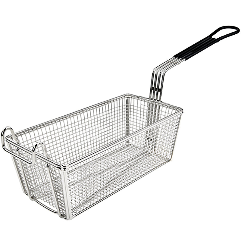 Winco French fry basket with black coated handle, rectangular chrome plated wire mesh basket with front hook