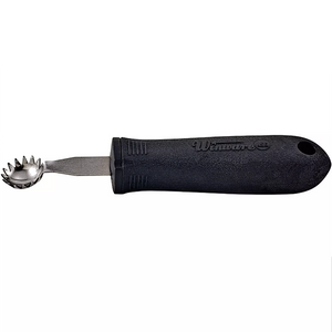 Winco fruit and vegetable stem corer, stainless steel toothed coring tip with a black soft grip handle