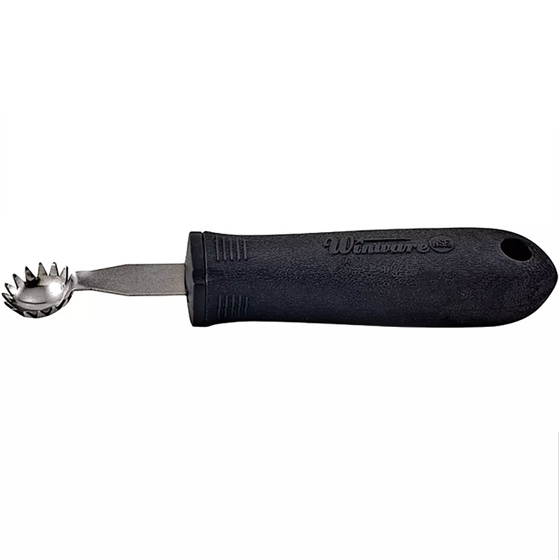 Winco fruit and vegetable stem corer, stainless steel toothed coring tip with a black soft grip handle