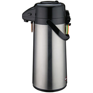 Winco glass lined air pot, stainless steel body with black pump top, carry handle and beverage tags