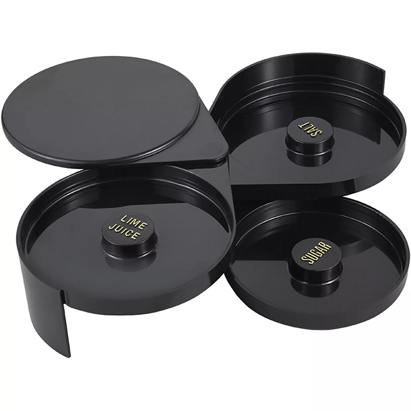 Winco black plastic glass rimmer, three-tier size shown open with sponge and rimming trays