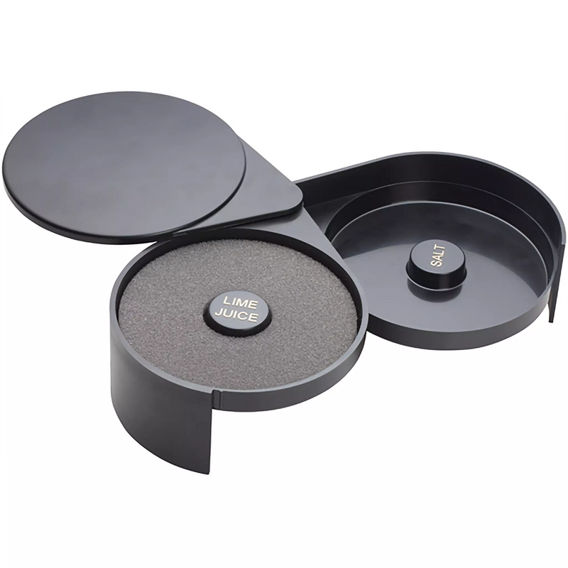 Winco black plastic glass rimmer, two-tier size shown open with sponge and salt or sugar tray