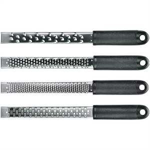 Winco graters with soft grip handles, four stainless steel blade styles with black handles shown stacked side by side