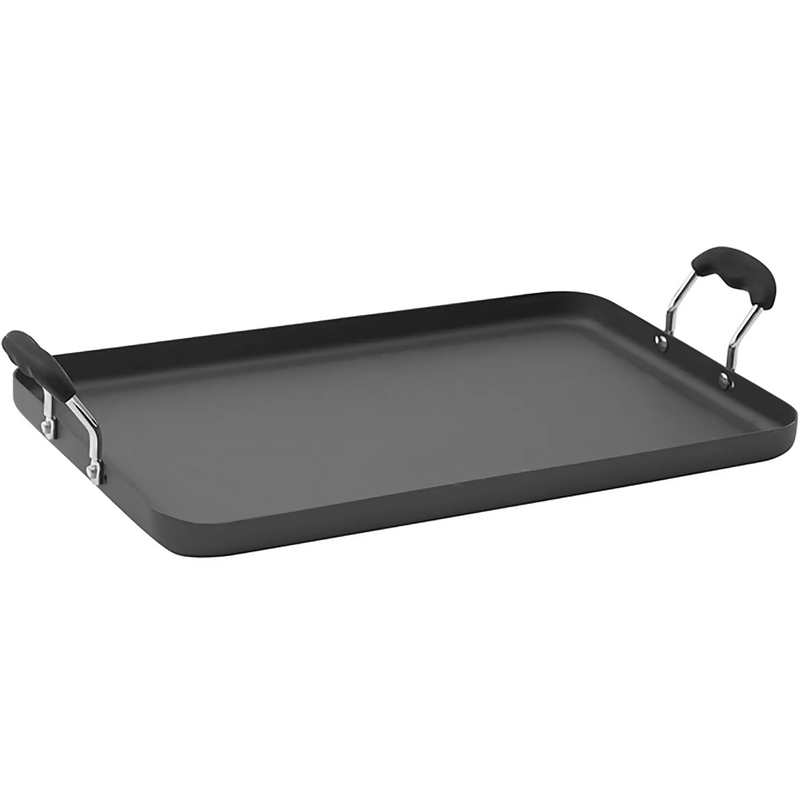 Winco HAG-2012 hard anodized aluminum griddle plate, dark grey flat griddle with black side handles, angled view