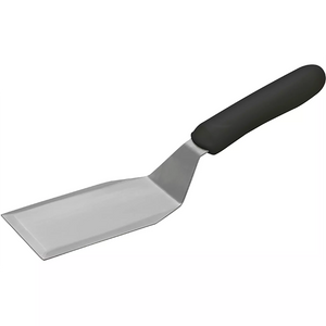 Winco stainless steel hamburger turner with offset, square blade and black handle, angled view of the full turner