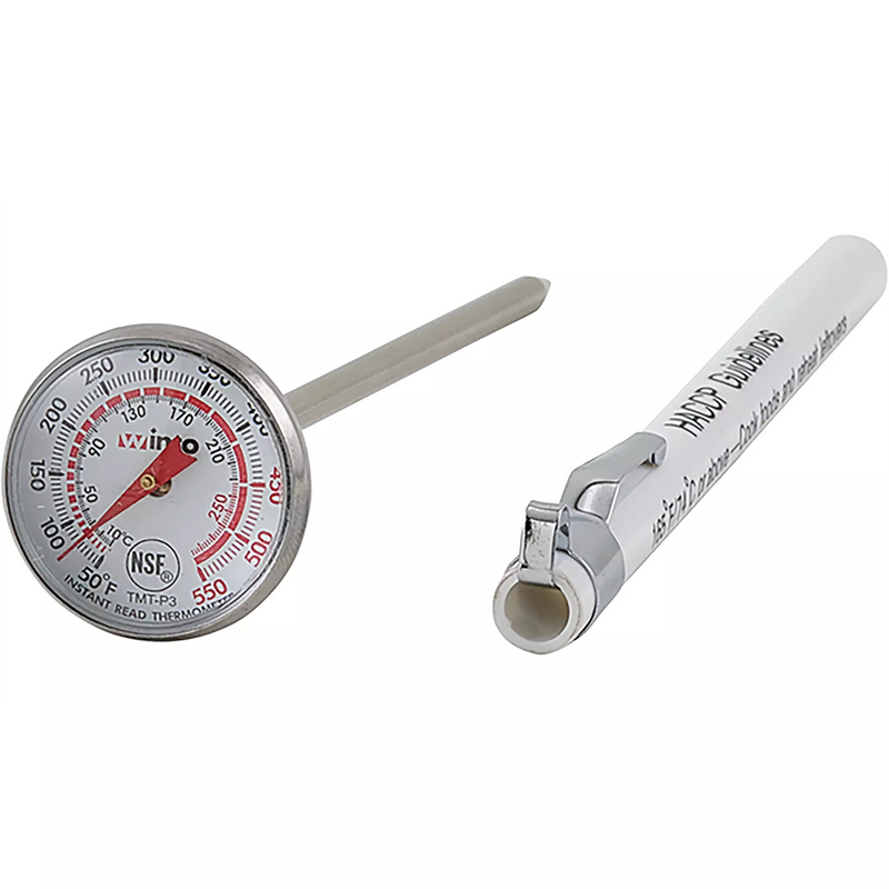 Winco high temperature pocket test thermometer with small stainless steel dial, probe and white protective sleeve