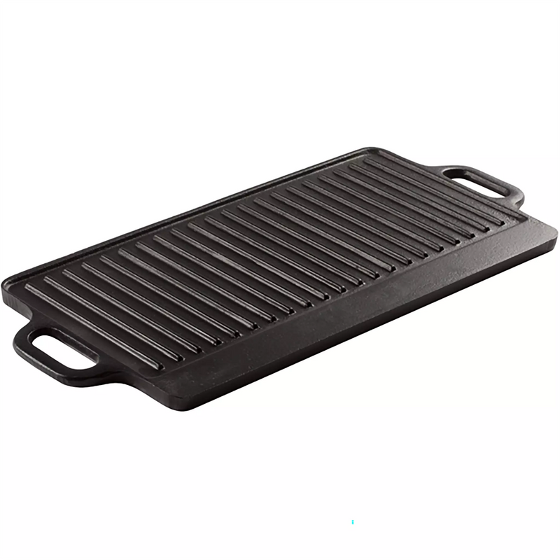 Winco IGD-2095 reversible cast iron griddle and grill plate, 20 x 9 1/2 inch, black ribbed grill side with side handles