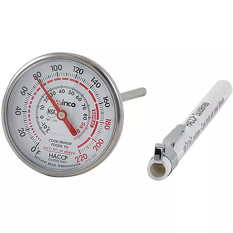 Winco instant read pocket thermometer with stainless steel dial and probe, shown with its white protective sleeve