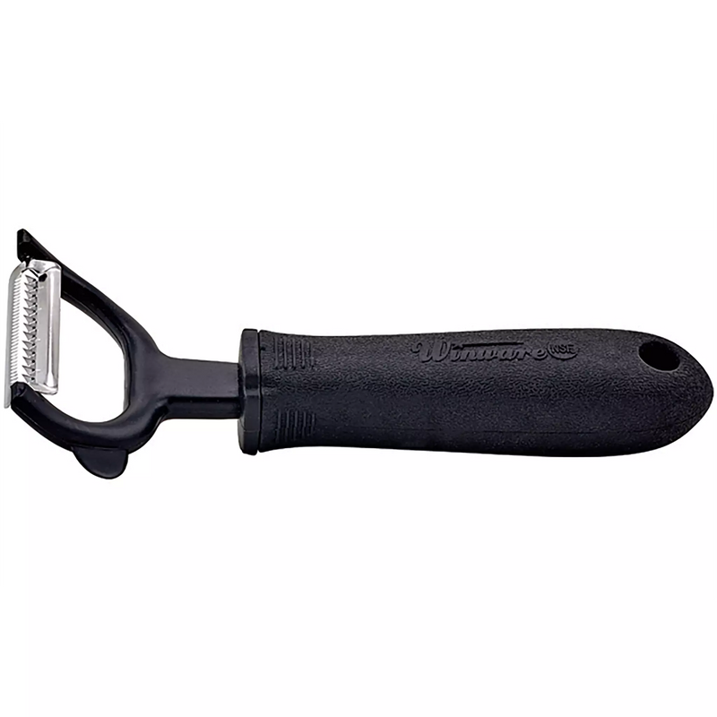 Winco julienne peeler with soft grip handle, Y-shaped black head with toothed stainless julienne blade, side view