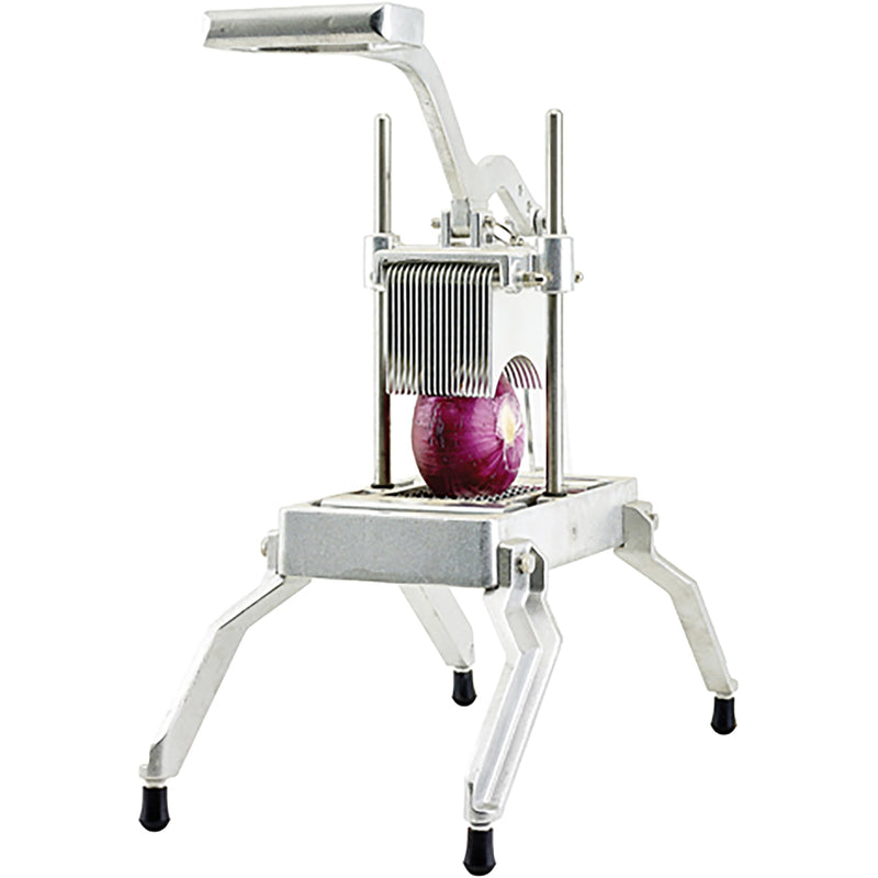 Winco Kattex OS series onion quick slicer with a red onion in the cutting head, aluminum frame on four legs