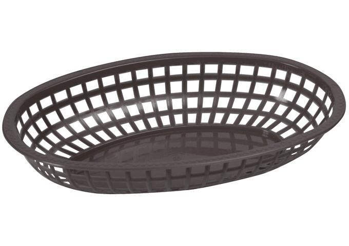 Winco large oval fast food basket in black plastic with woven lattice sides, angled view