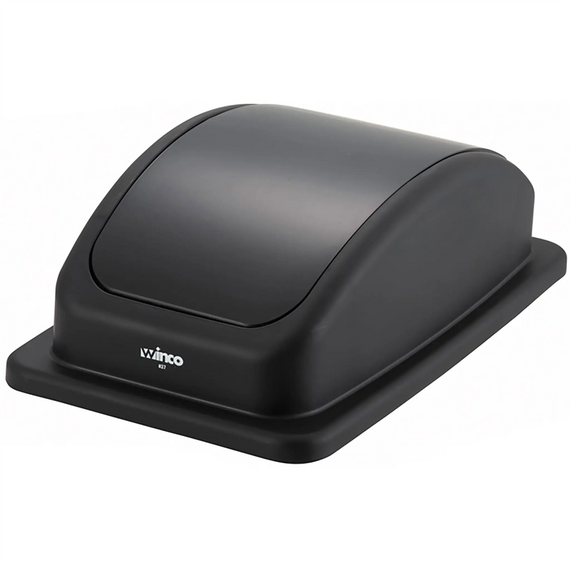 Winco lid for slender 23 gallon trash bins in black, swing-top dome lid with rectangular base, angled view