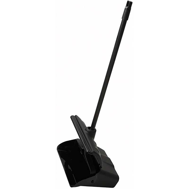 Winco lobby dust pan with cover, black plastic upright pan with hinged lid and long black handle