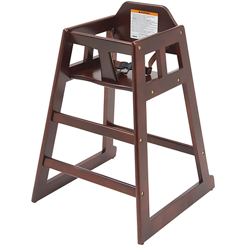 Winco mahogany finish wooden high chair, knocked down style restaurant high chair with safety strap, front view