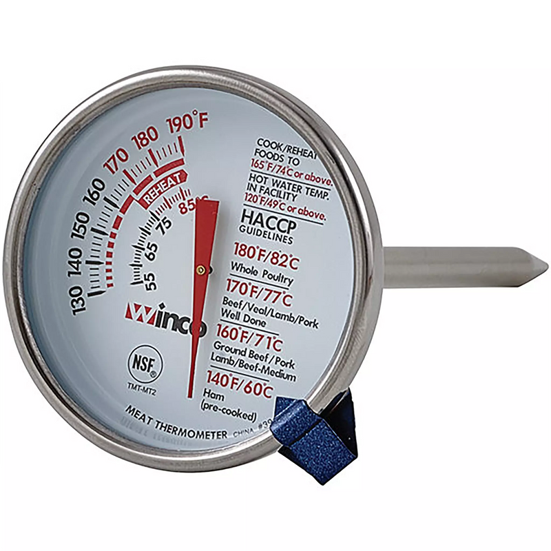 Winco stainless steel meat thermometer with round dial, red doneness markings and probe stem, front view