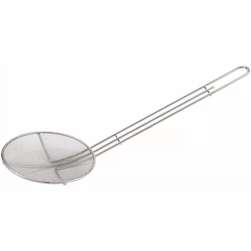 Winco nickel plated mesh skimmer with round fine mesh basket and long twisted wire handle with hanging loop
