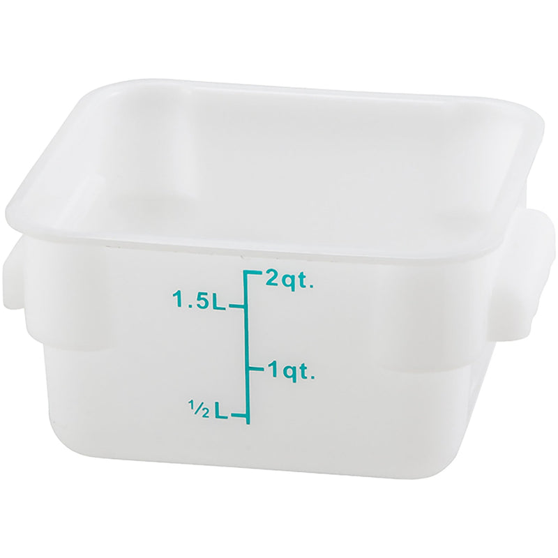 Omcan white polypropylene square storage container, short 2 quart size with teal litre and quart graduations