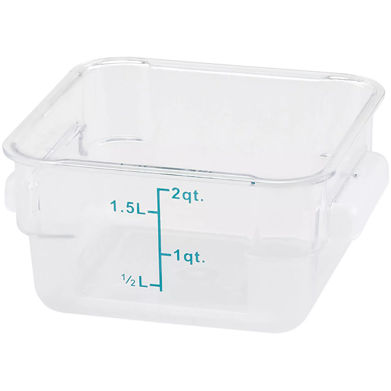 Omcan translucent polypropylene square storage container, short 2 quart size with teal litre and quart graduations