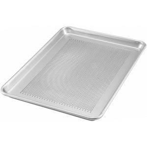 Winco perforated 18 gauge aluminum sheet pan with rolled rim and evenly perforated baking surface