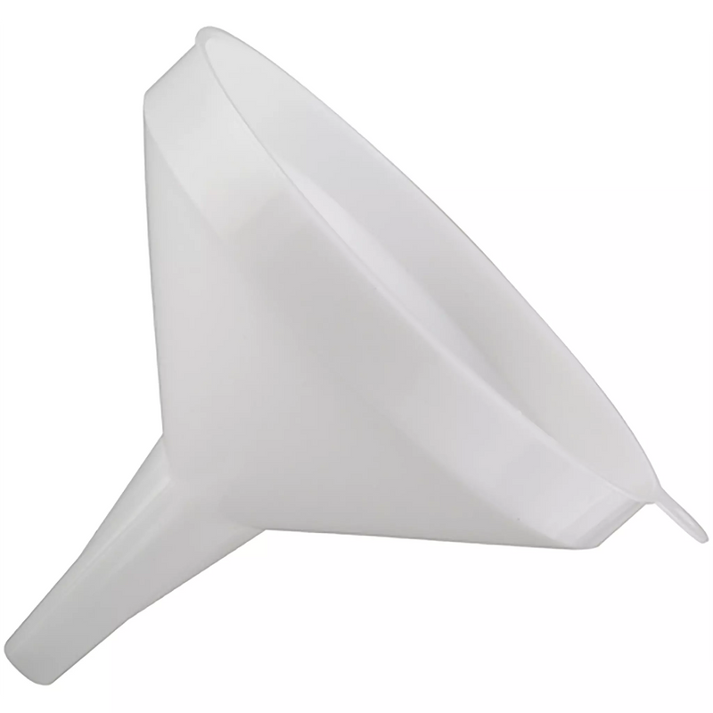 Winco plastic funnel in translucent white with wide cone mouth and narrow spout, side view