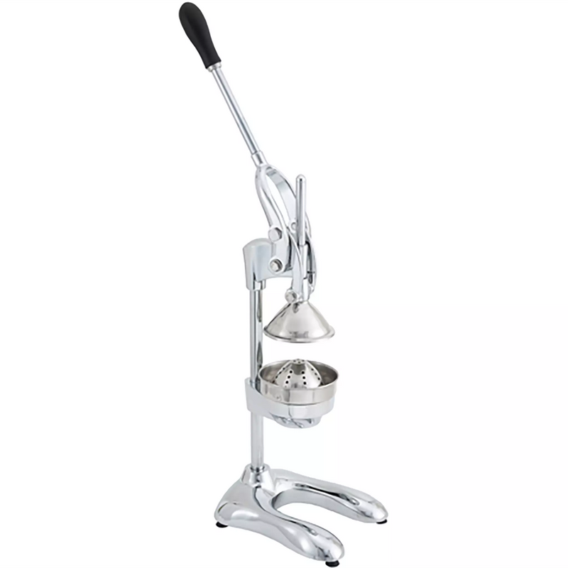 Winco premium 19 inch hand held juicer, chrome plated lever press with black handle grip and cast base